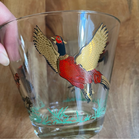 Vintage MCM Hazel Atlas Federal Glass Pheasant Ice Bucket Bird Gold Bar Cocktail - Picture 7 of 9